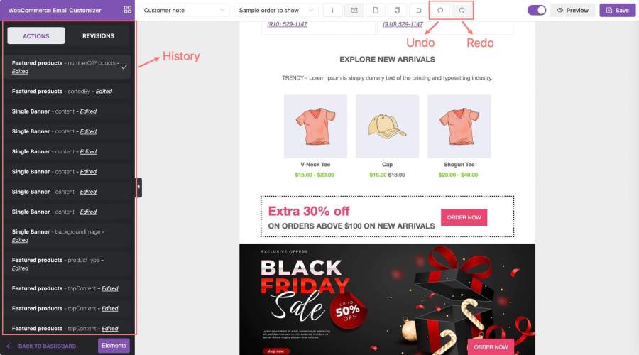 Email Customizer history actions revisions