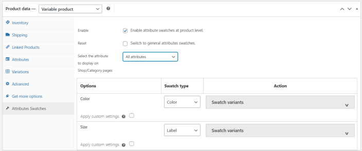 Product Level Settings - WooCommerce Variation Swatches for Each Product