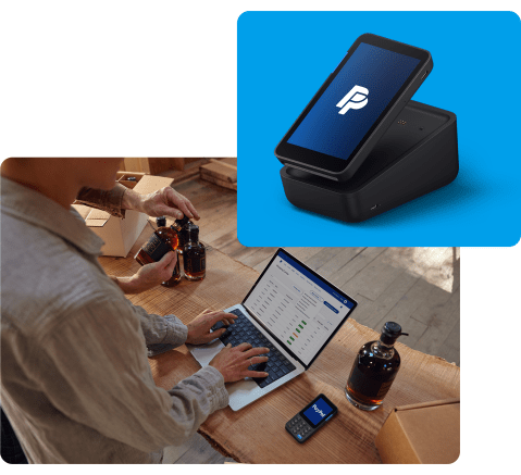 A PayPal POS terminal and the PayPal dashboard while a merchant packs orders