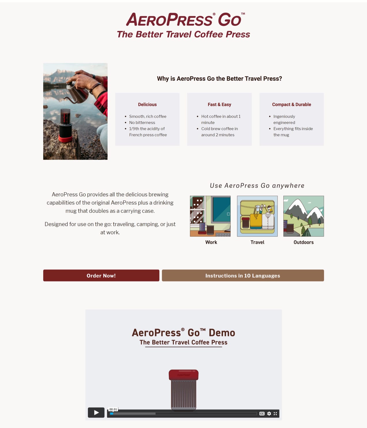 AeroPress includes a demo video on their landing page for a travel coffee press.