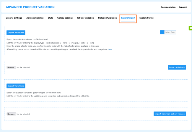 export import product variations