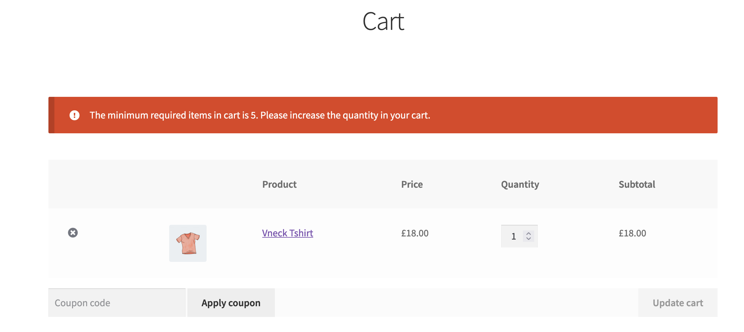 Notice displayed on the cart page when Min/Max Quantity criteria are not met