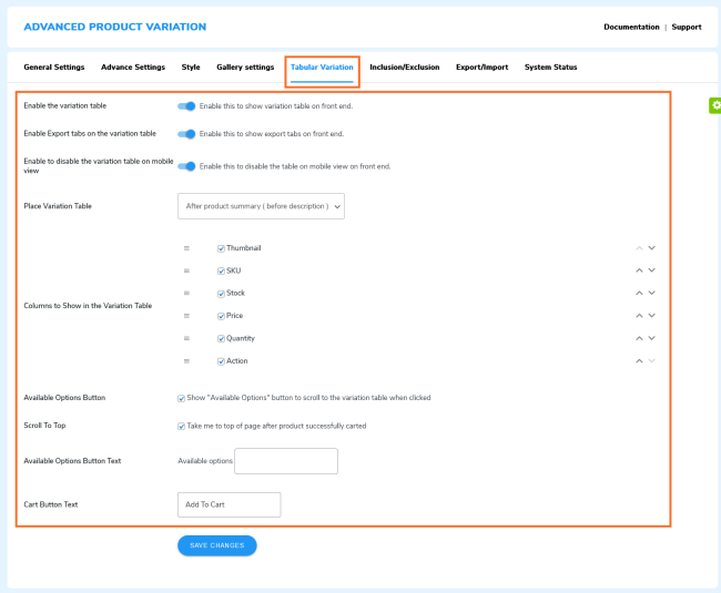 tabular variation settings