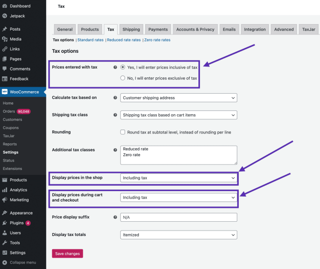 Screenshot of the tax settings showing the series of settings that should be consistent when prices are entred inclusive of tax. 