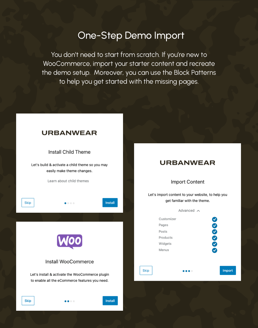 Urban Wear - Demo Import ( You don’t need to start from scratch. If you’re new to WooCommerce, import your starter content and recreate the demo setup.  Moreover, you can use the Block Patterns to help you get started with the missing pages. )
