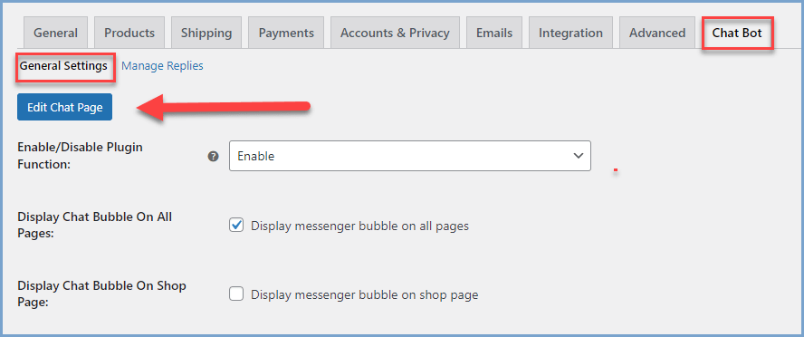 woocommerce chatbot - change chat page