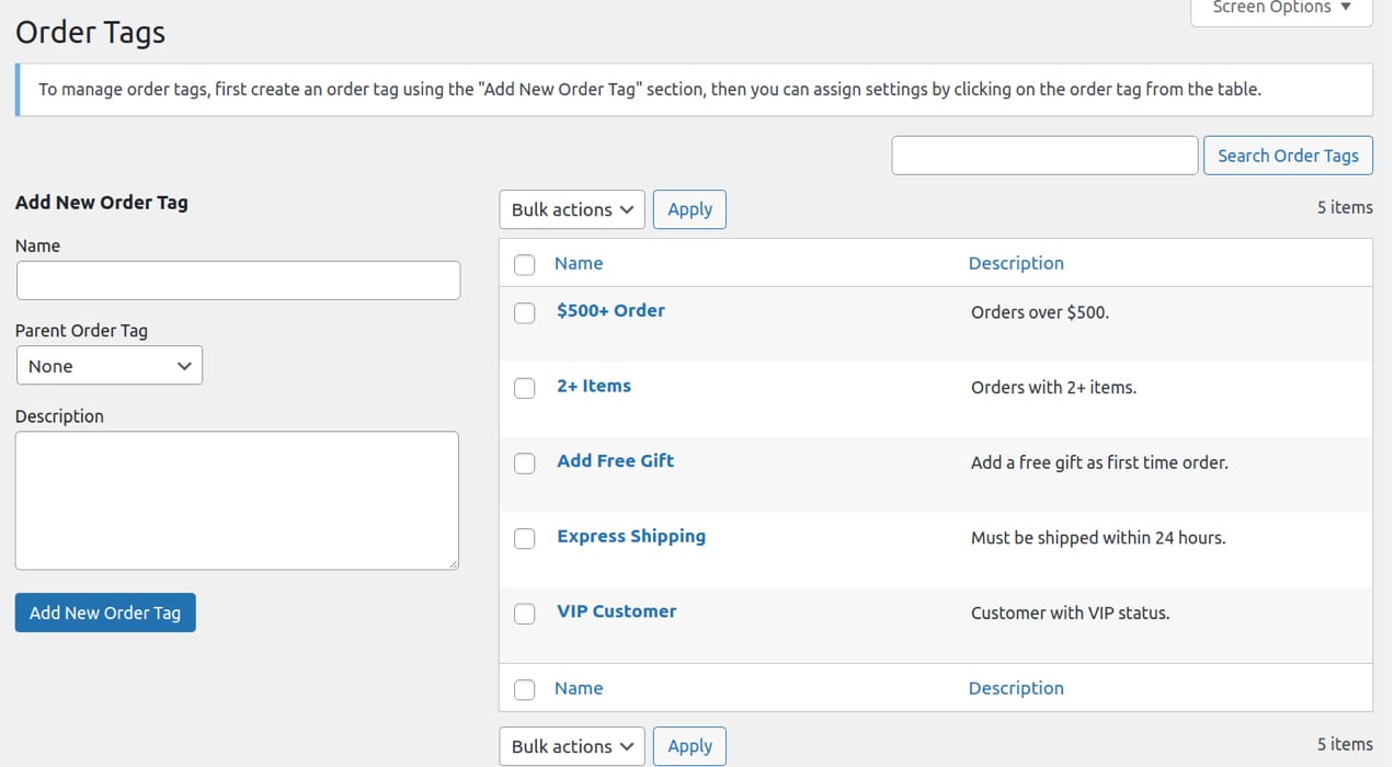 order tags shown in the WooCommerce dashboard