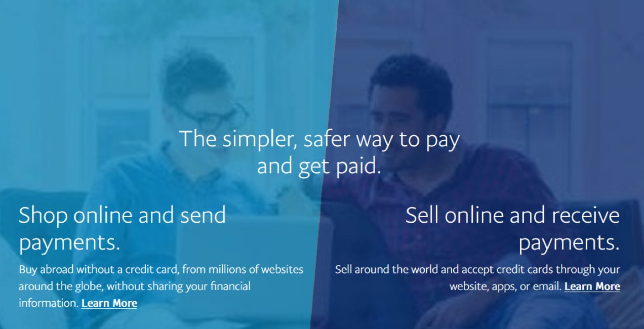 PayPal homepage with a description