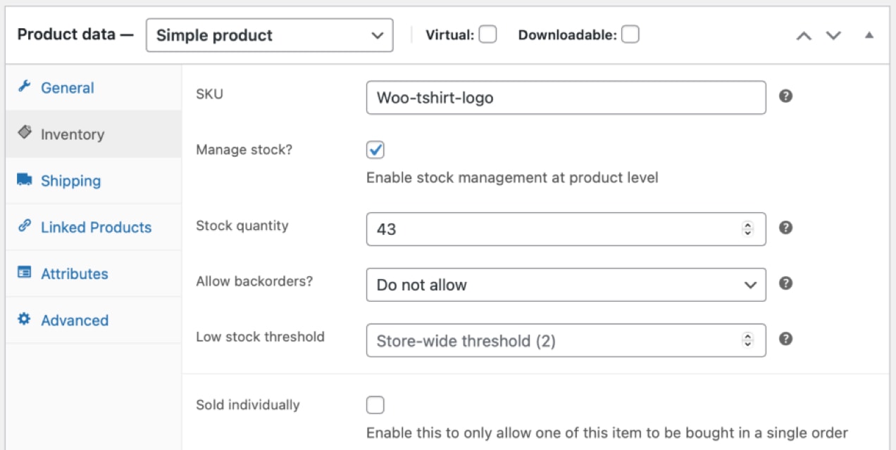 WooCommerce individual product inventory