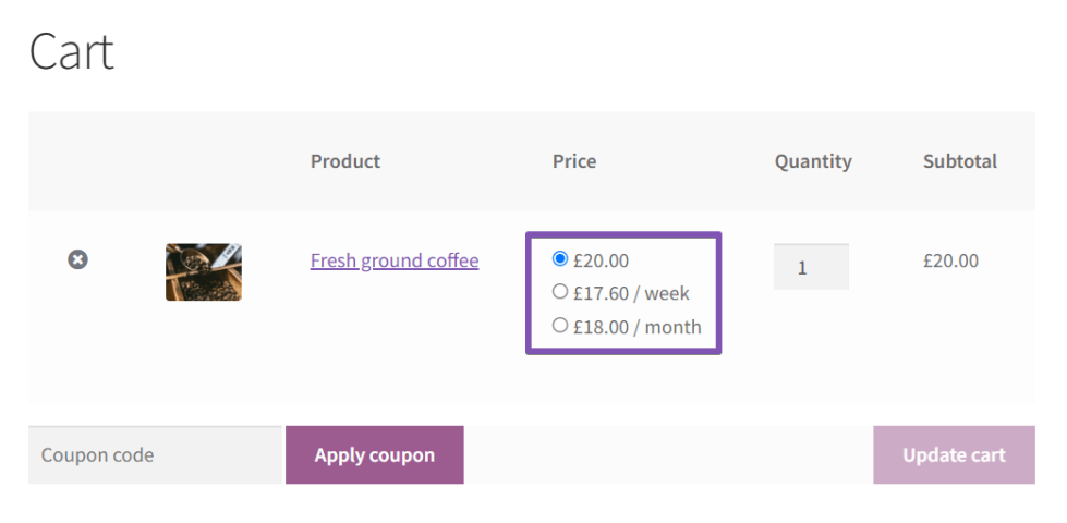 Change subscription plan in cart