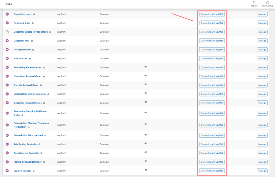 Ajustes de correo electrónico de la suscripción de WooCommerce