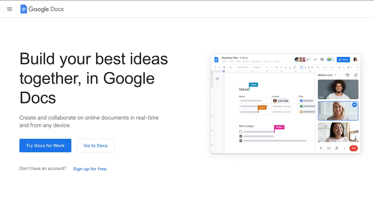 Google Docs homepage