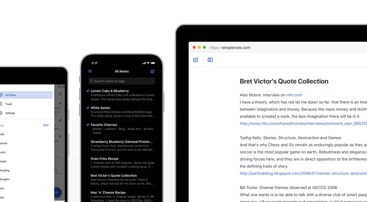 Simplenote viewed on three devices