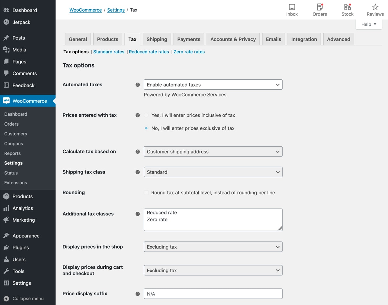 tax settings with WooCommerce Tax