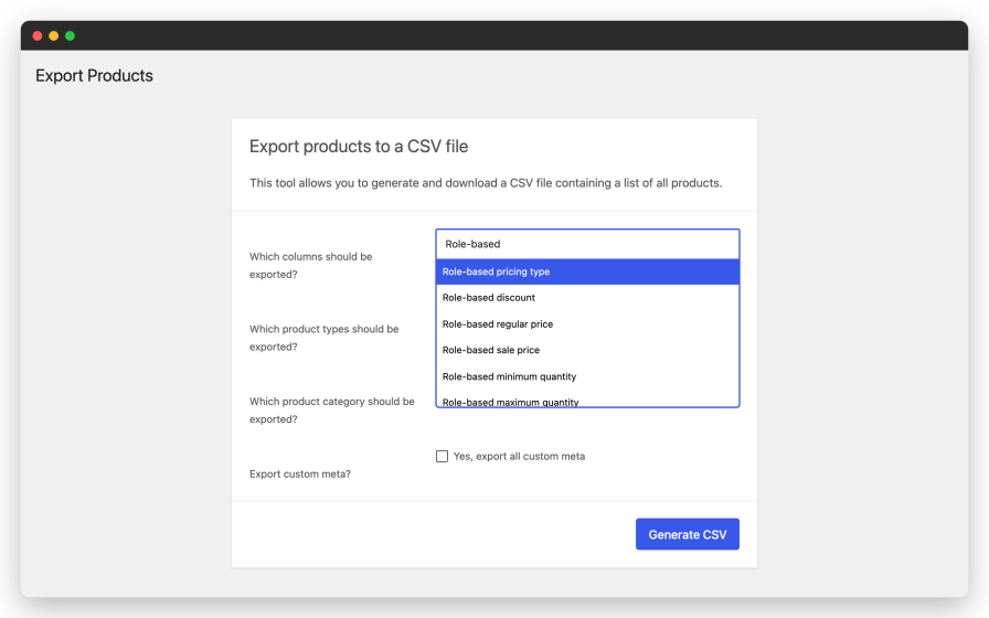Role-based pricing columns in the WooCommerce product export