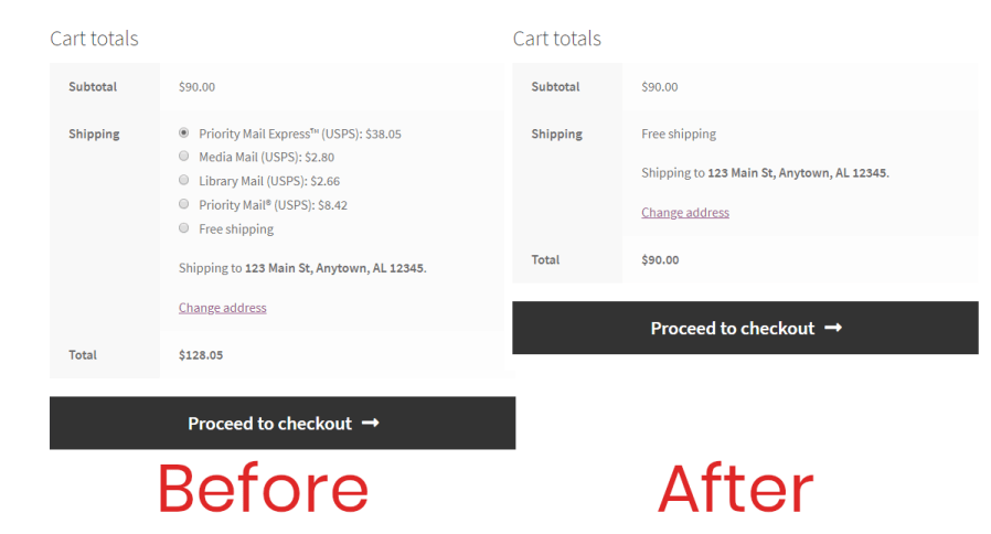 Before and after comparison of disabling shipping methods except for free shipping in WooCommerce