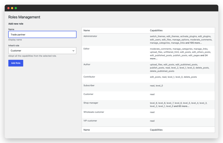 Roles management screen