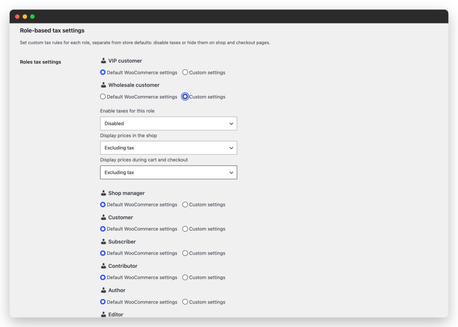 Tax settings per user role