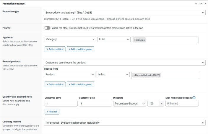 WooCommerce BOGO promotion settings