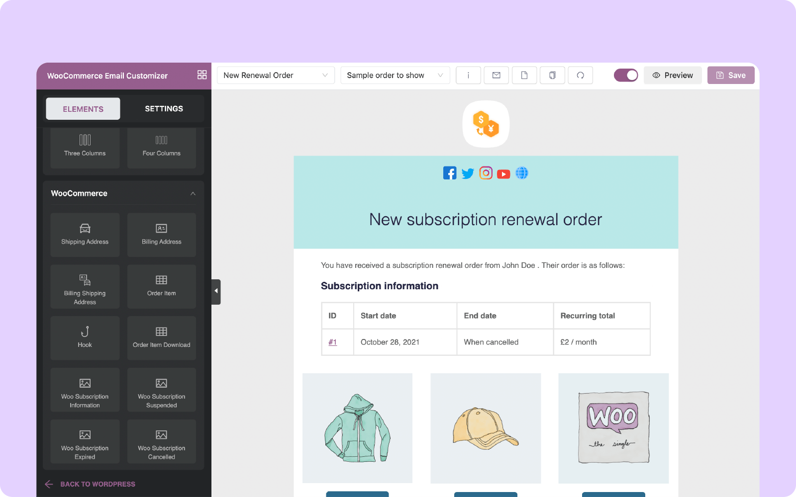 New subscription renewal order email with WooCommerce store branding details