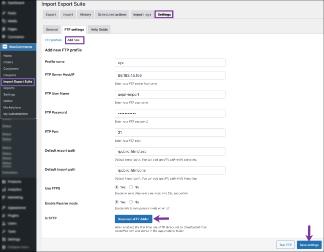 Adding new FTP profile in the settings tab of Import export suite for WooCommerce