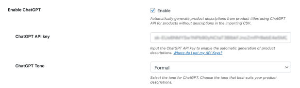 Configuración para añadir credenciales de ChatGPT y crear descripciones de productos cuando se importen productos sin descripción.