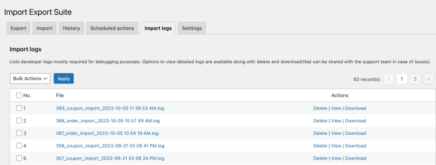 Import Logs page