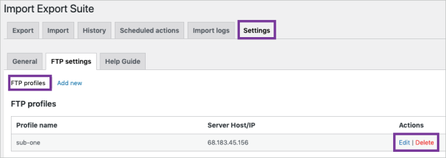 List of FTP profiles in Import Export Suite for WooCommerce