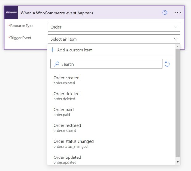 When a WooCommerce event happens in Power Automate