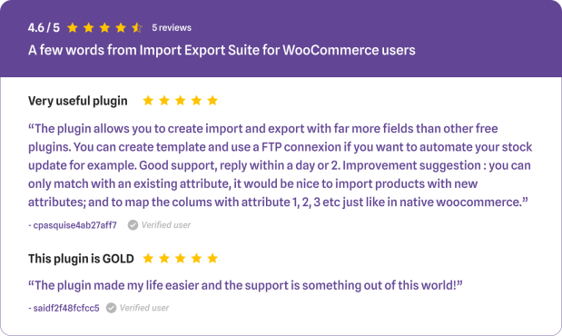 Reseñas de usuarios acerca del plugin Import Export Suite de WooCommerce