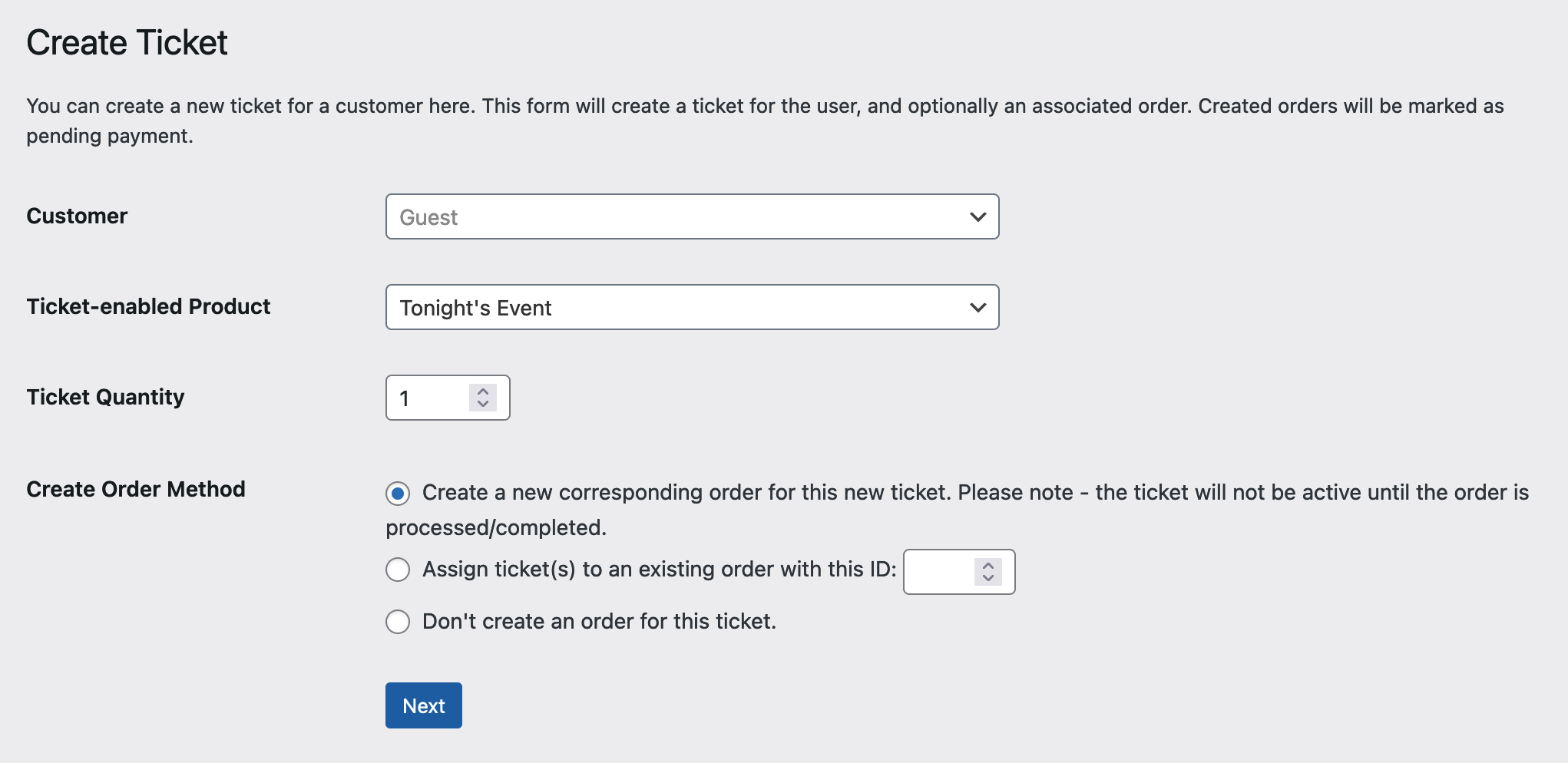 The initial Create Ticket screen with various options to complete for assigning tickets to existing customers and/or linking tickets to existing orders. 
