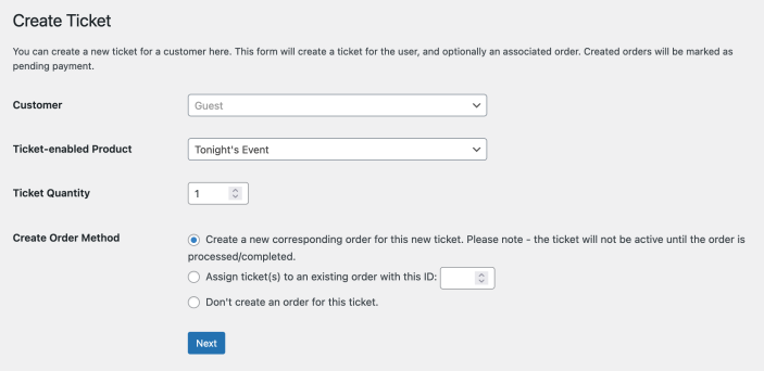 The initial Create Ticket screen with various options to complete for assigning tickets to existing customers and/or linking tickets to existing orders. 