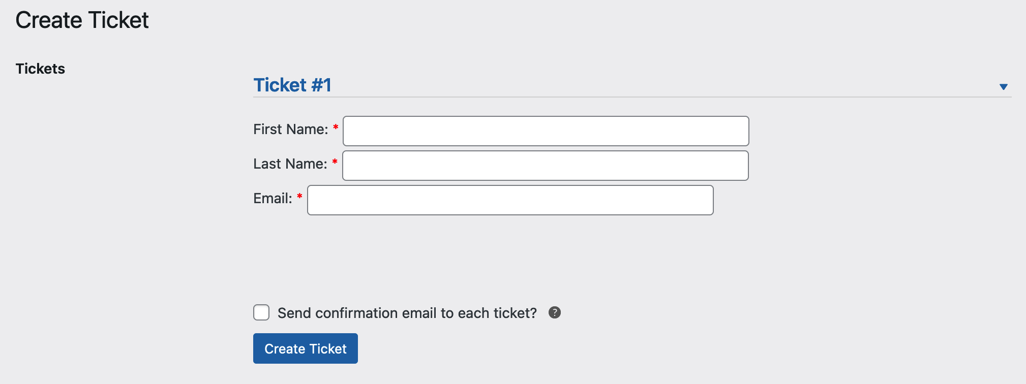 The subsequent screen where ticket details can be entered for each ticket holder specified. 