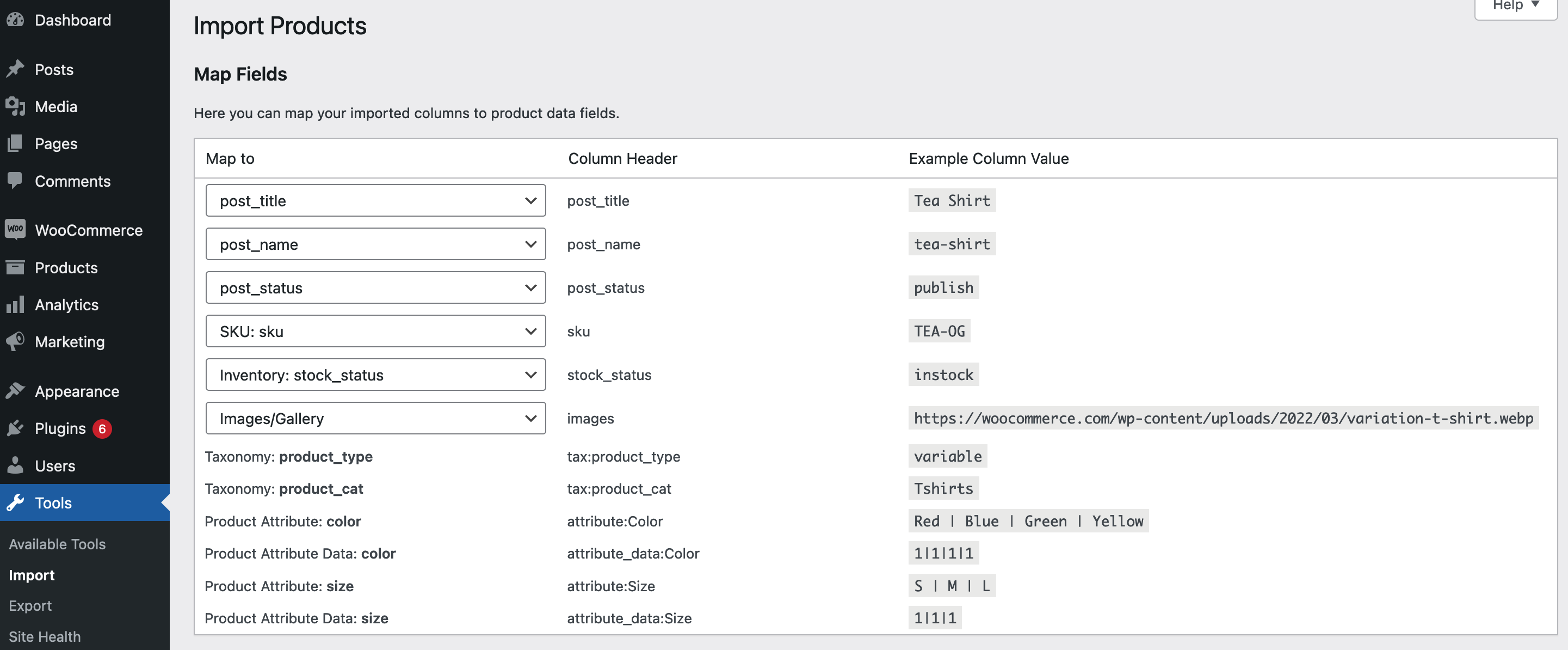 The Map Field screen which is visible after uploading the example parent CSV file.