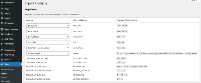 The Map Field screen which is visible after uploading the example parent CSV file.