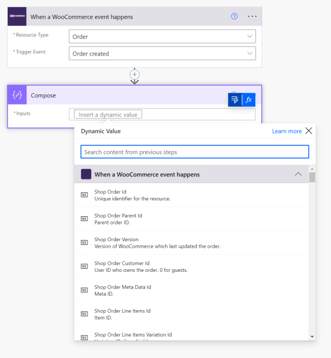 Power Automate: Depending on the Resource Type you select in your trigger, you will see different properties.