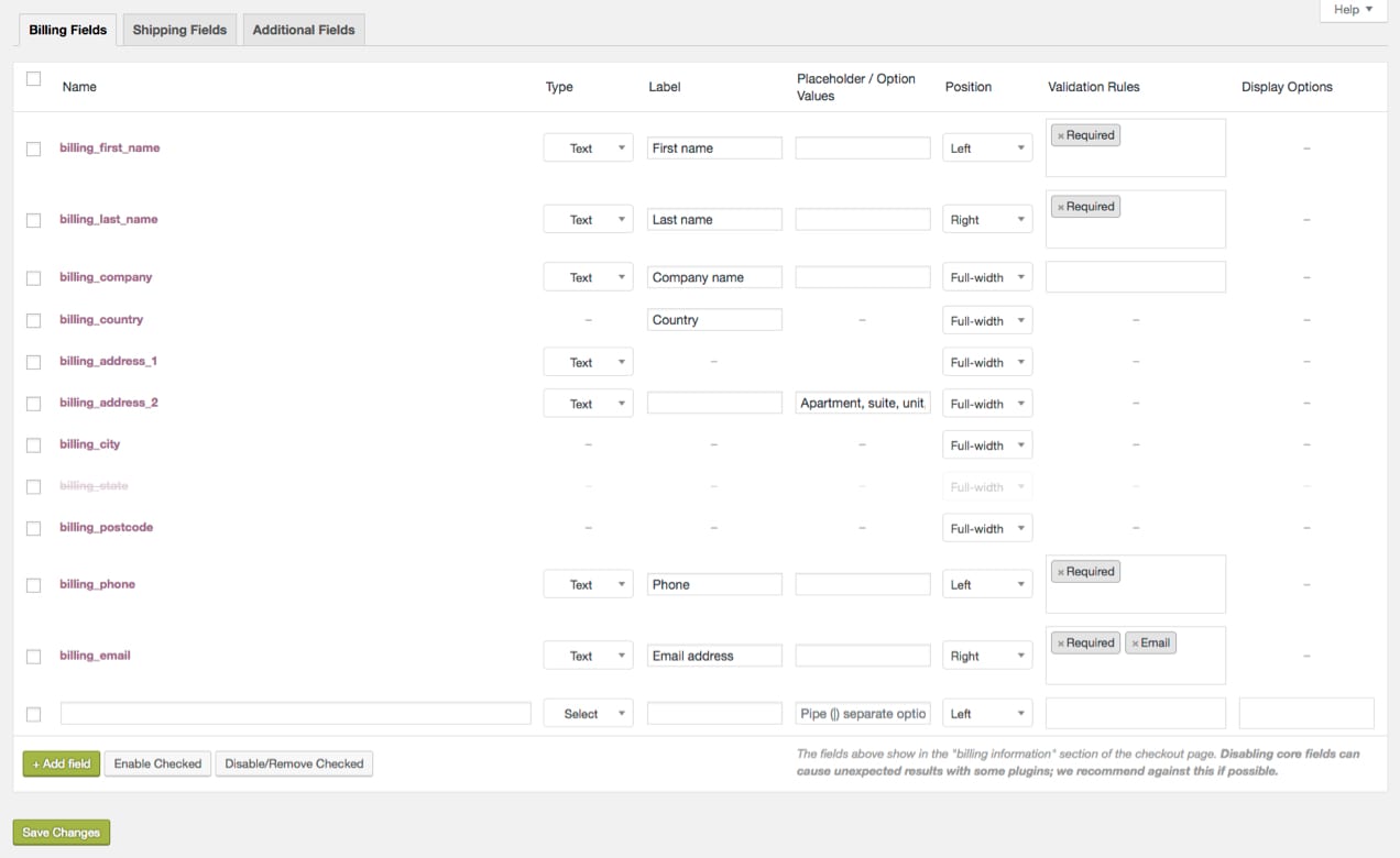 editing checkout fields in WooCommerce