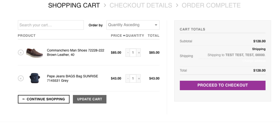 WooCommerce cart with products sorted by price from high to low