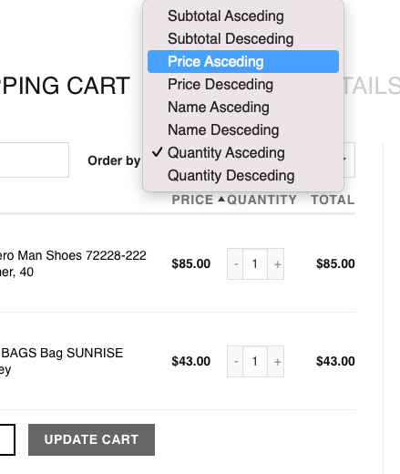 Sort products in cart by name price or quantity in WooCommerce