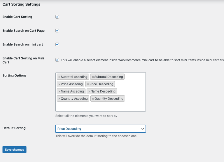 Cart Sorting for WooCommerce plugin setup showing sort and search settings panel