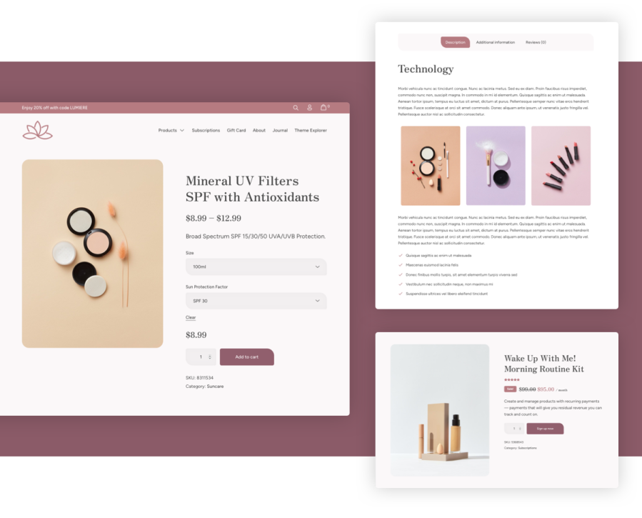 Lumiere skincare beauty theme - Story-telling product layouts