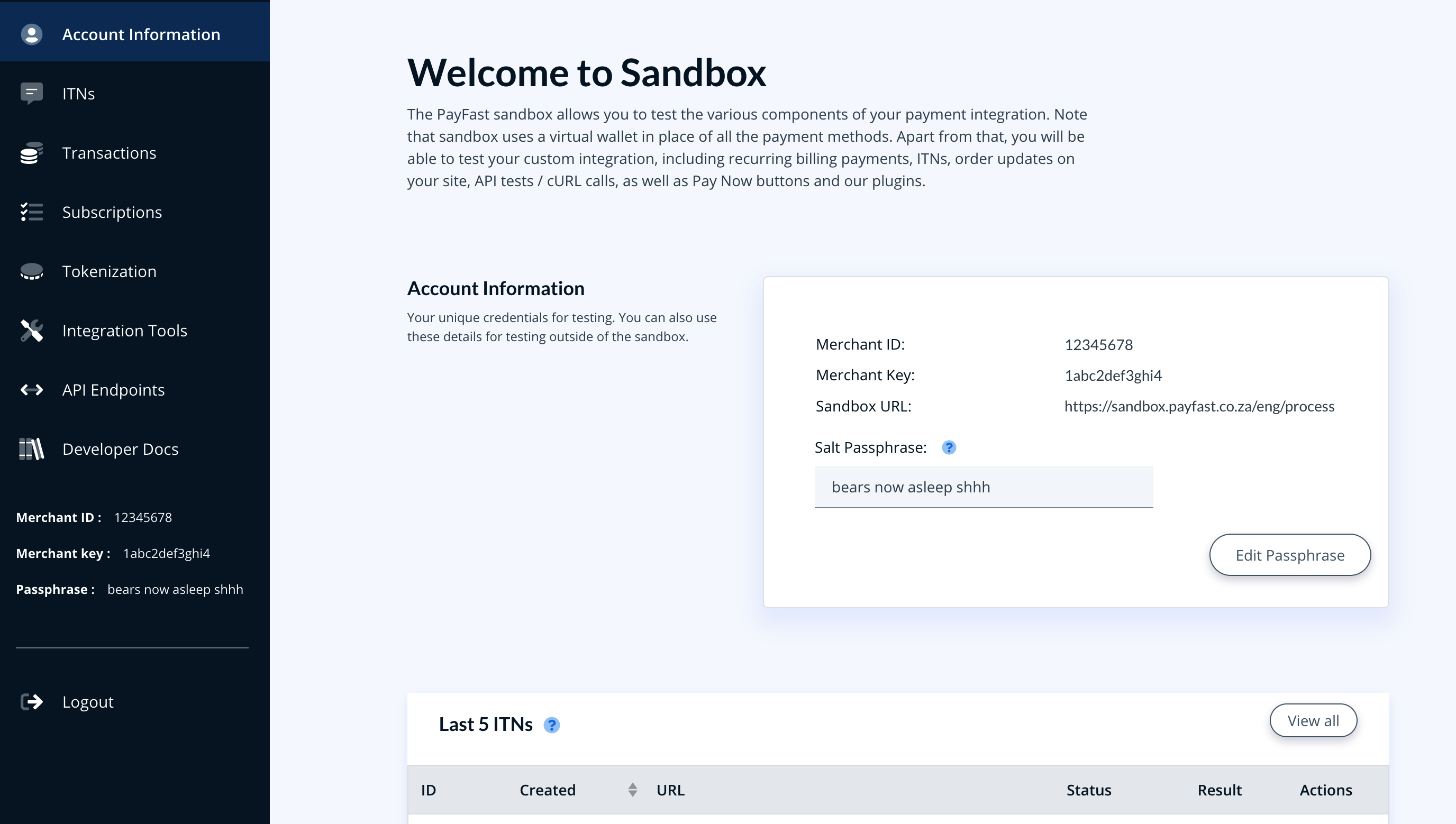 The PayFast Sandbox settings screen. 