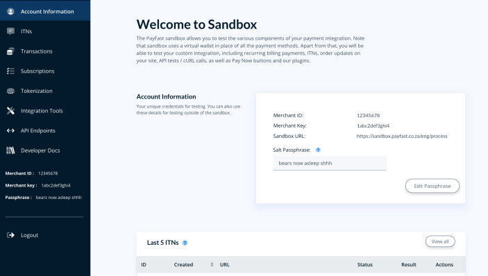 The PayFast Sandbox settings screen. 