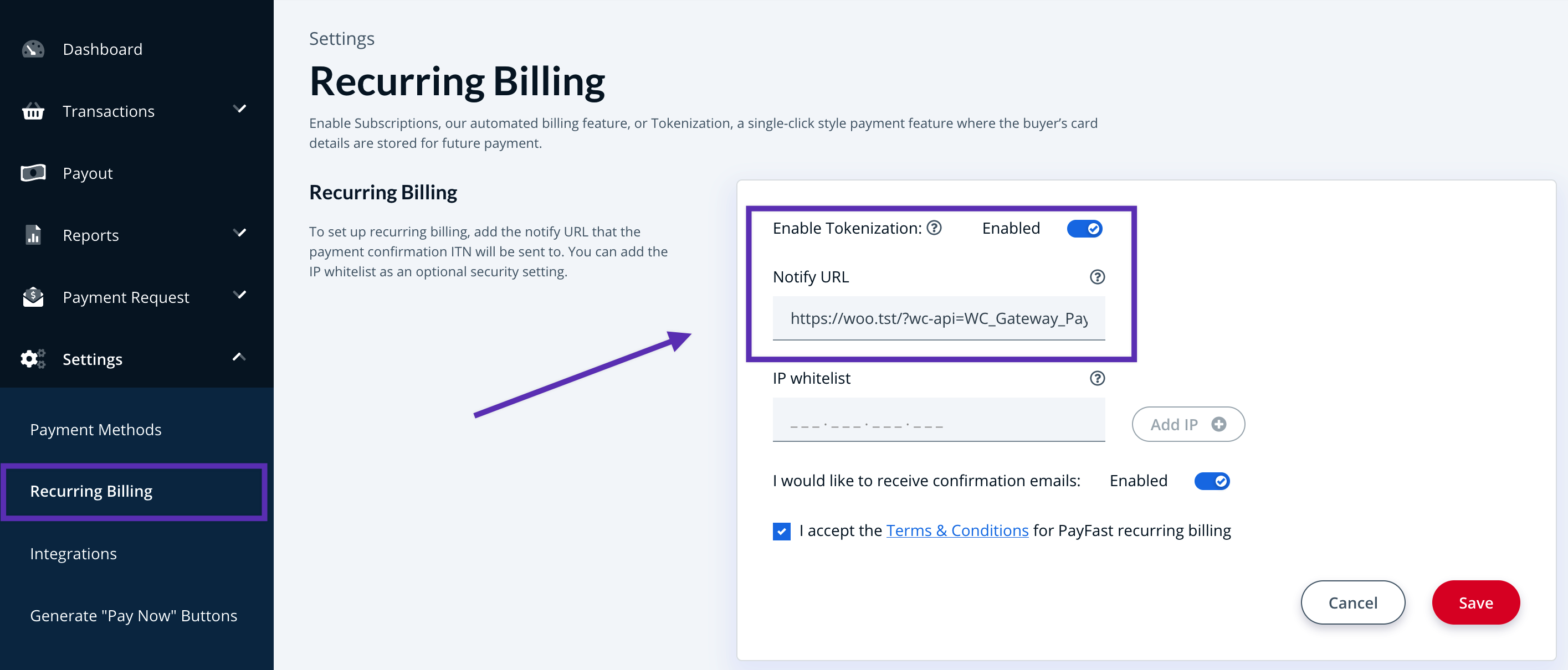 Screenshot of the PayPast Recurring Billing section of the PayFast account dashboard
