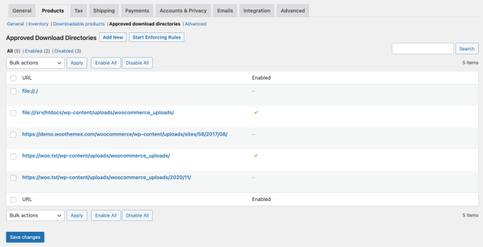 A view of the settings under WooCommerce > Settings > Products > Approved download directories (available as of WooCommerce 6.5.0)