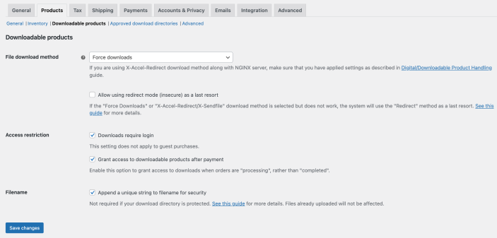 A view of the settings under WooCommerce > Settings > Products > Downloadable product