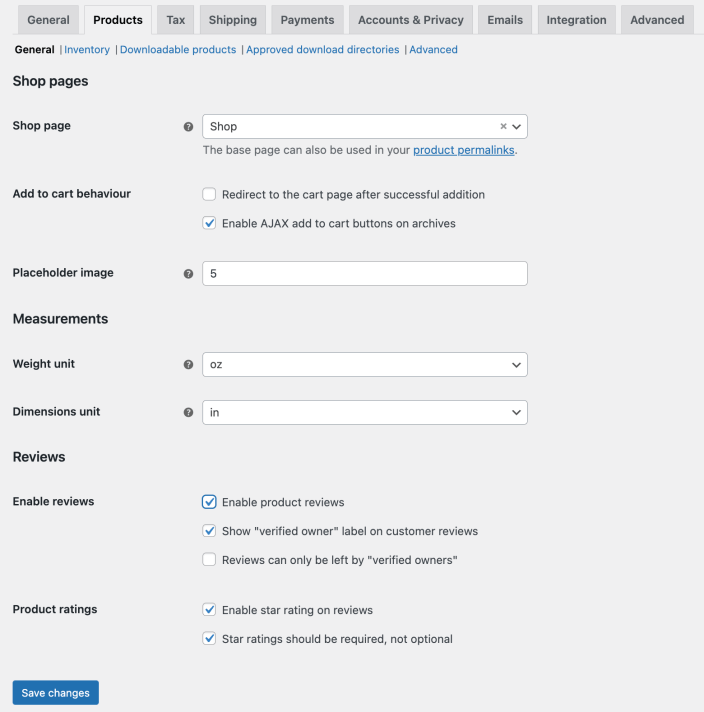 View of the settings under WooCommerce > Settings > Products > General