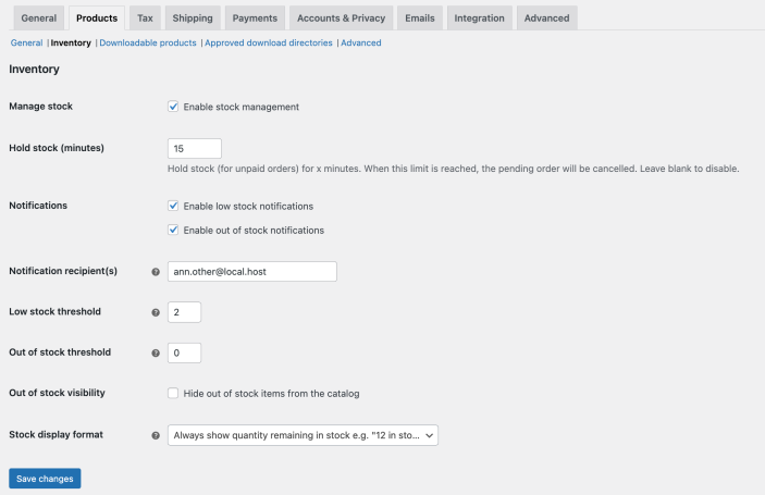 A view of the settings under WooCommerce > Settings > Products > Inventory