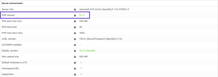 An image of the System Status Report with the version of PHP highlighted