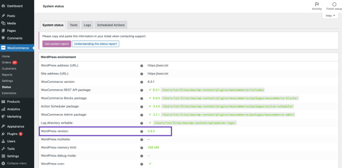 An image of the System Status Report with the version of WordPress highlighted